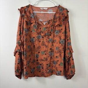 Sonoma Peasant Blouse Womens 1X Ruffle Trim Tie Neckline Balloon Sleeve Floral